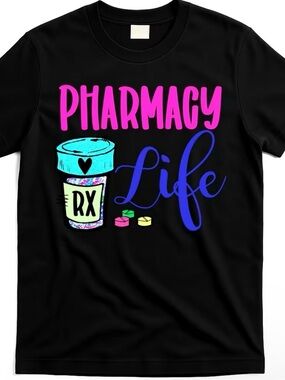 Pharmacy Life Graphic Tee - Black with Pink & Blue Lettering